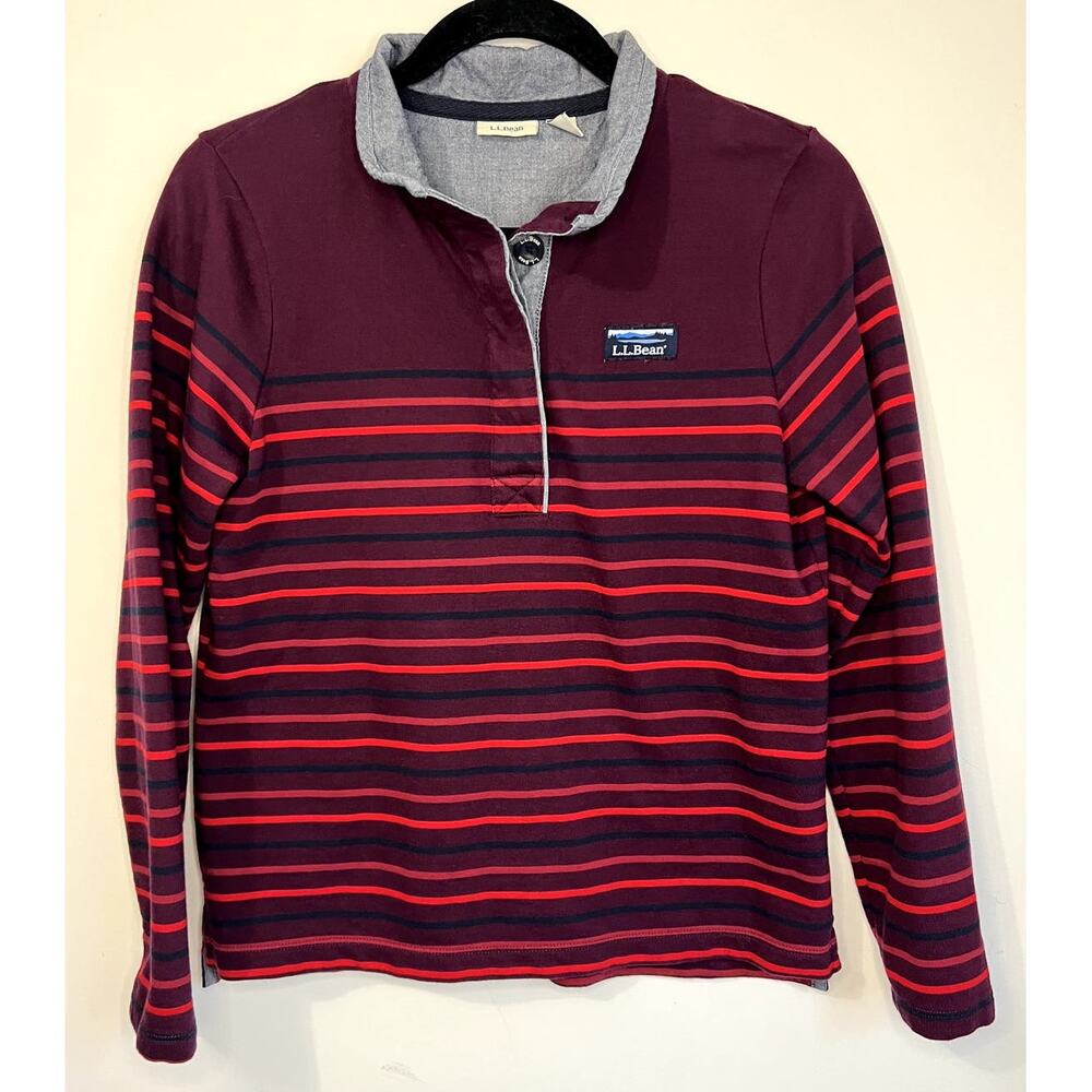 LL Bean Pullover Henley Women Pet XS Maroon Red Striped Long Sleeve Logo